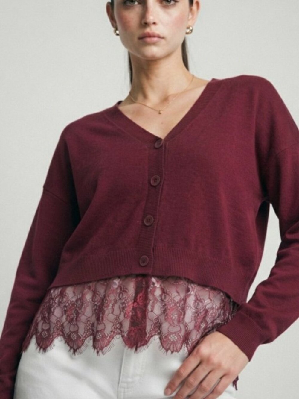 Love Tree Burgundy V-Neck Button-Front Cardigan with Lace Hem